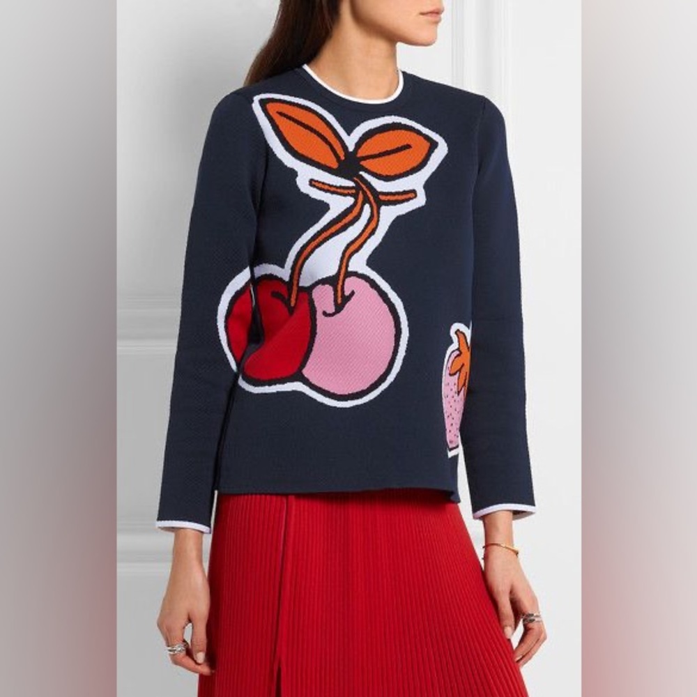 Victoria Beckham Cherry Print Nylon Sweater in Navy Size US 6